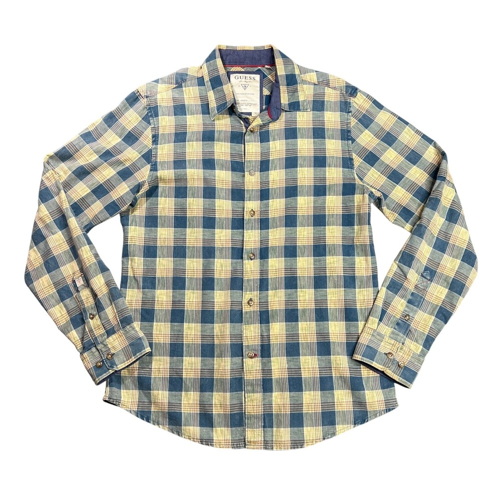 Guess Mens Medium Slim Fit Plaid Roll-Tab L/S Casual Button Up Shirt Blue Yellow